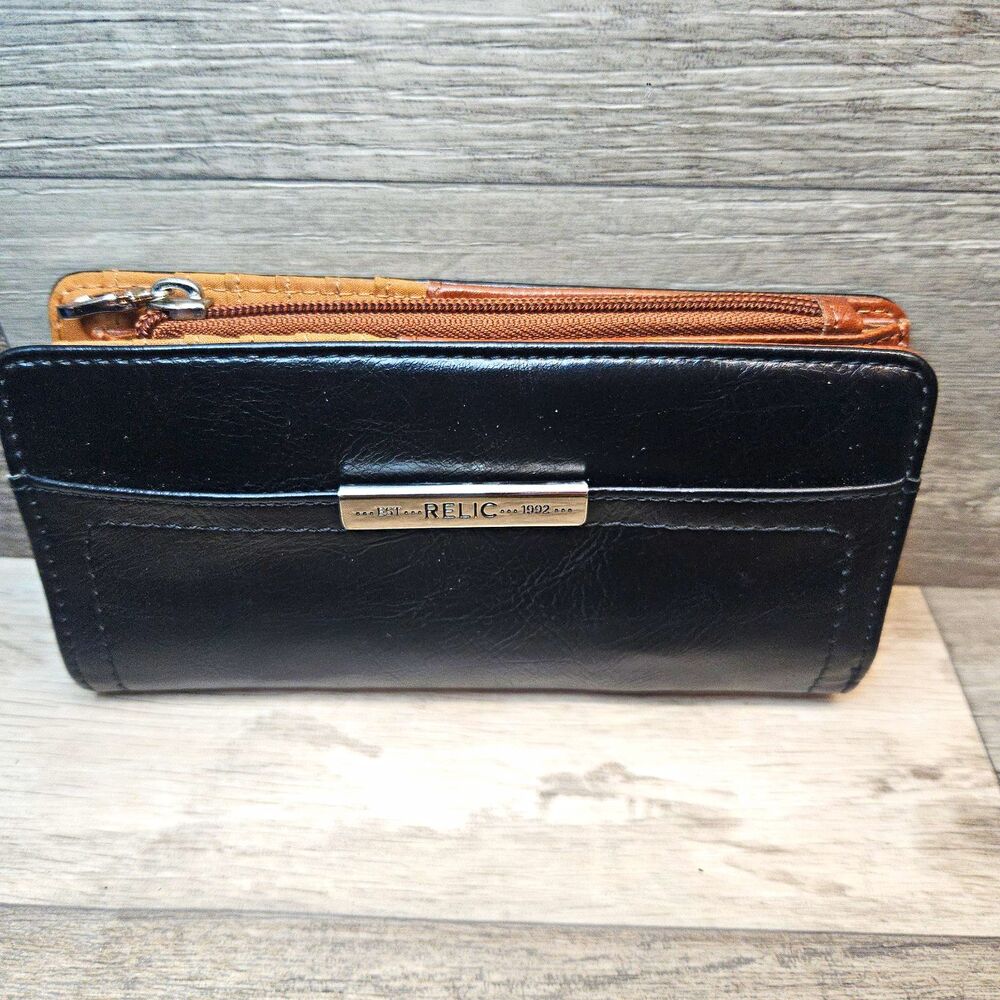Relic Black/Brown Bifold Wallet with Zip Coin Pocket, Card Slots, ID Window